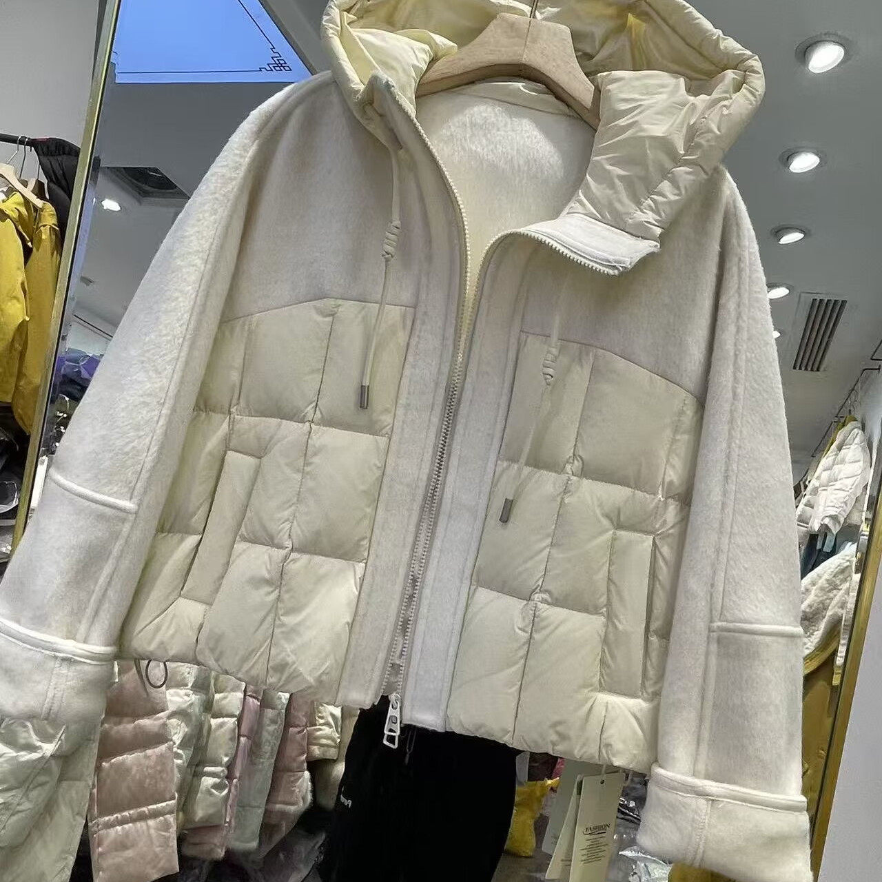 毛呢拼接连帽羽绒服女冬季新韩版宽松显瘦百搭休闲保暖外套金0.82