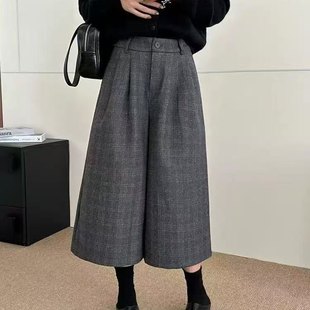 焕0.93 新高腰加绒加厚百搭宽松休闲八分裤 毛呢格子阔腿裤 女冬季