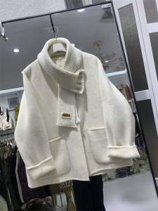 毛呢外套女秋冬新款设计感韩版宽松休闲双面呢大衣搭针织围脖1.03