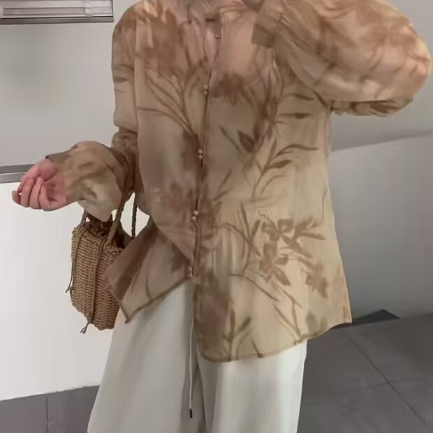 国风提花长袖衬衫女夏季新立领透视百搭宽松休闲轻薄防晒衣秋0.1