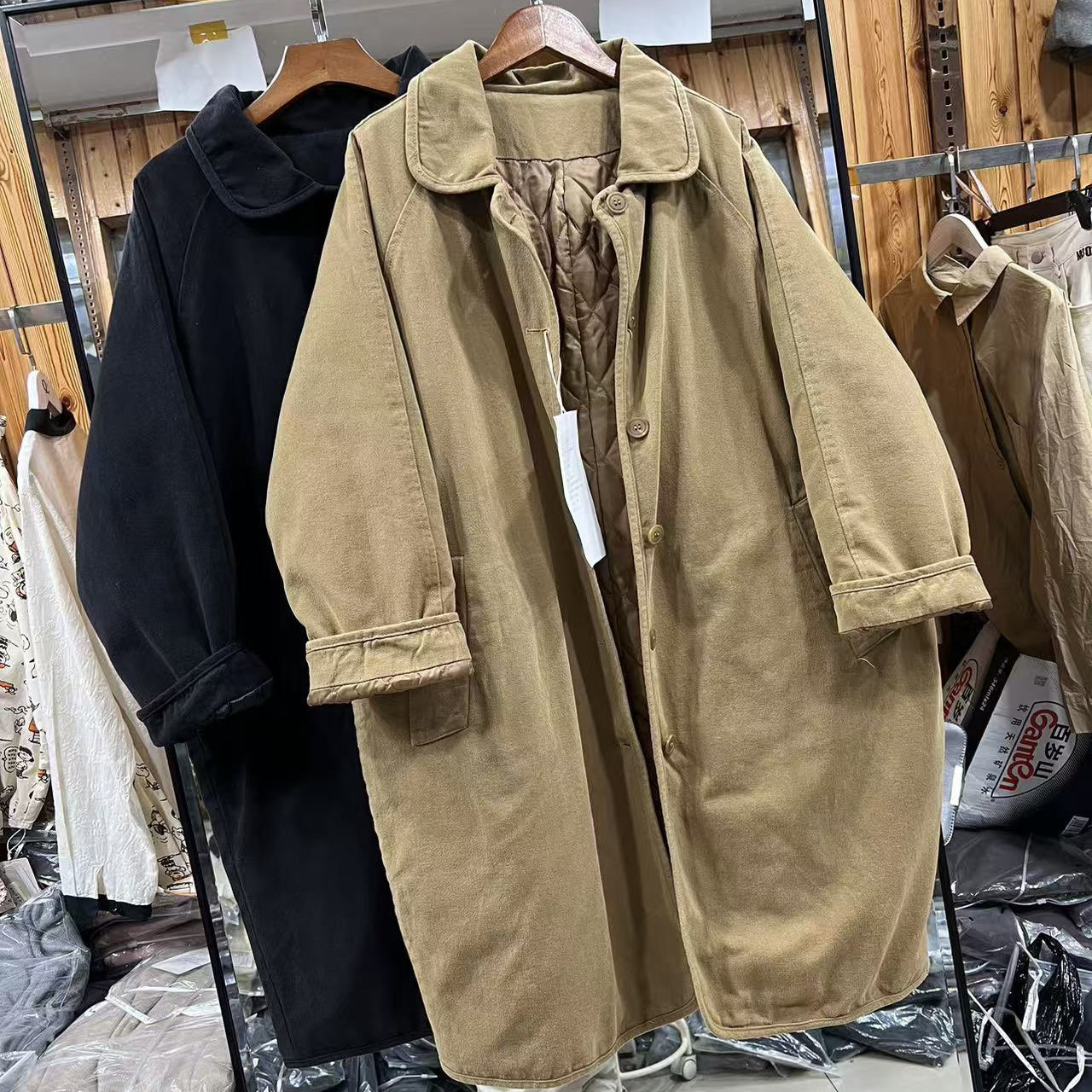 翻领单排扣夹棉风衣外套