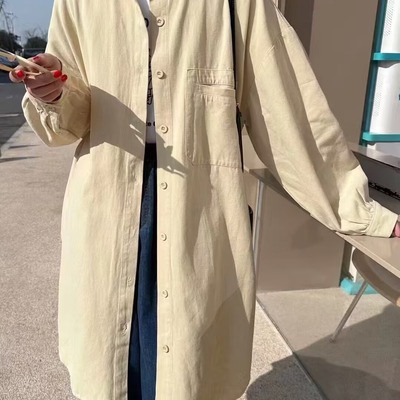 翻领单排扣长袖衬衫女中长款秋季新简约百搭宽松休闲外套孙0.57