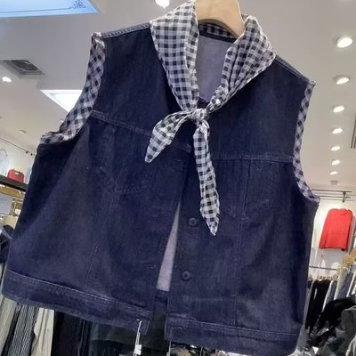 格子丝巾牛仔马甲背心