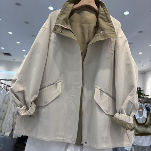 立领抽绳拼色外套女春季新款韩版宽松显瘦百搭休闲夹克上衣良0.82