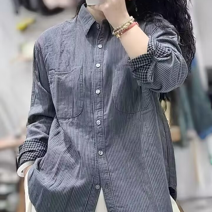 双层纱竖条纹长袖衬衫春新翻领单排扣宽松显瘦百搭休闲上衣莉0.22