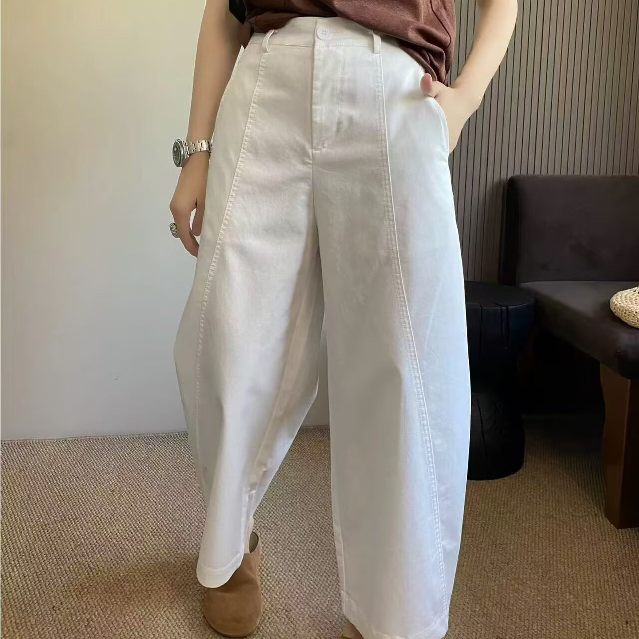 阔腿休闲裤女秋季新一粒扣高腰宽松显瘦百搭休闲气球裤焕0.53,女装/女士精品,休闲裤,淘宝优惠券,粉丝福利购,淘宝优惠卷