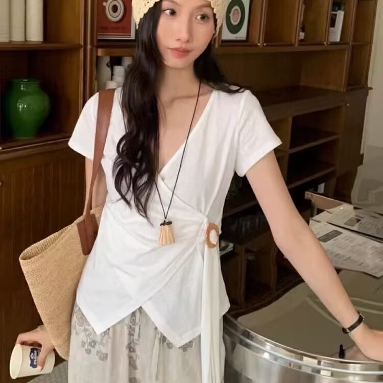 设计感不规则短袖T恤女夏新抽绳收腰修身显瘦百搭休闲上衣特0.2