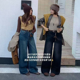 高腰宽松显瘦百搭休闲弯刀裤 新款 世0.99 女冬季 植绒阔腿牛仔裤