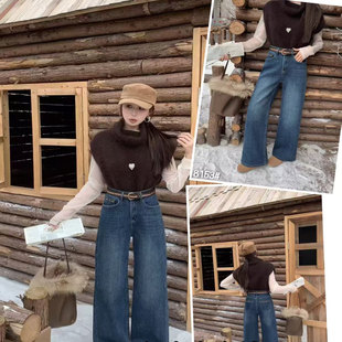 复合密密绒阔腿牛仔裤 雪1.05 女冬新高腰宽松显瘦百搭休闲直筒裤