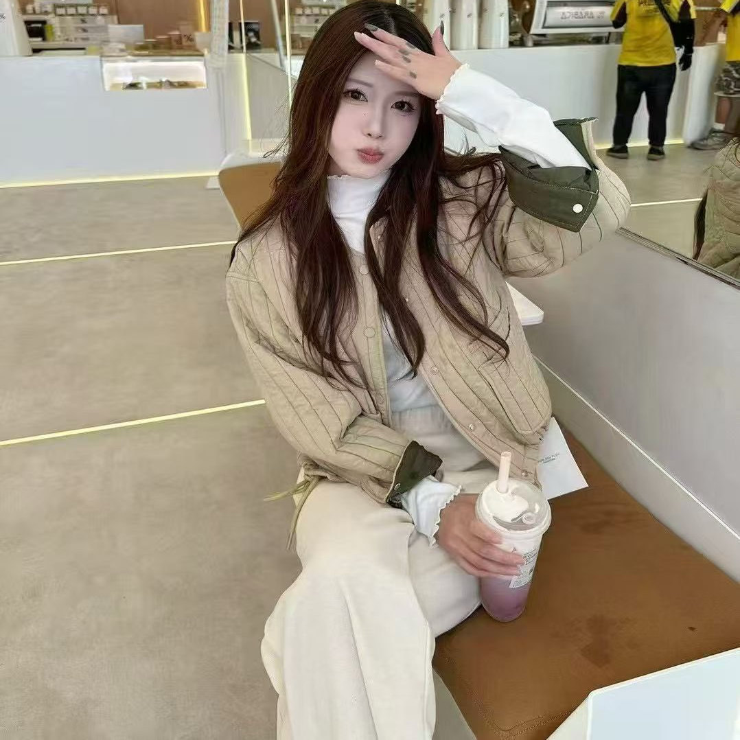 设计压线圆领外套女秋冬新款韩版百搭显瘦轻薄夹棉棉衣度0.54