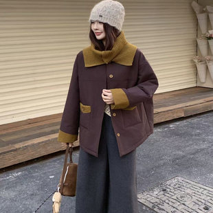 针织围脖拼色棉衣女秋冬新圆领百搭宽松休闲轻薄保暖棉袄焕0.64