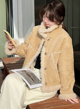 皮毛一体麂皮绒外套女冬季新韩版宽松显瘦百搭休闲保暖上衣霞1.18