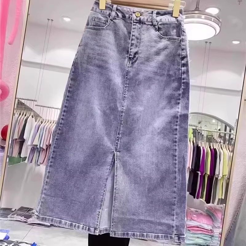 前开叉磨白牛仔半身裙女秋季新款高腰修身显瘦中长款A字裙焕0.5