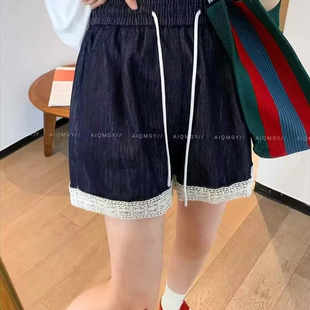 天丝牛仔短裤女夏季新款蕾丝裤脚抽绳宽松显瘦阔腿a字裤特0.22