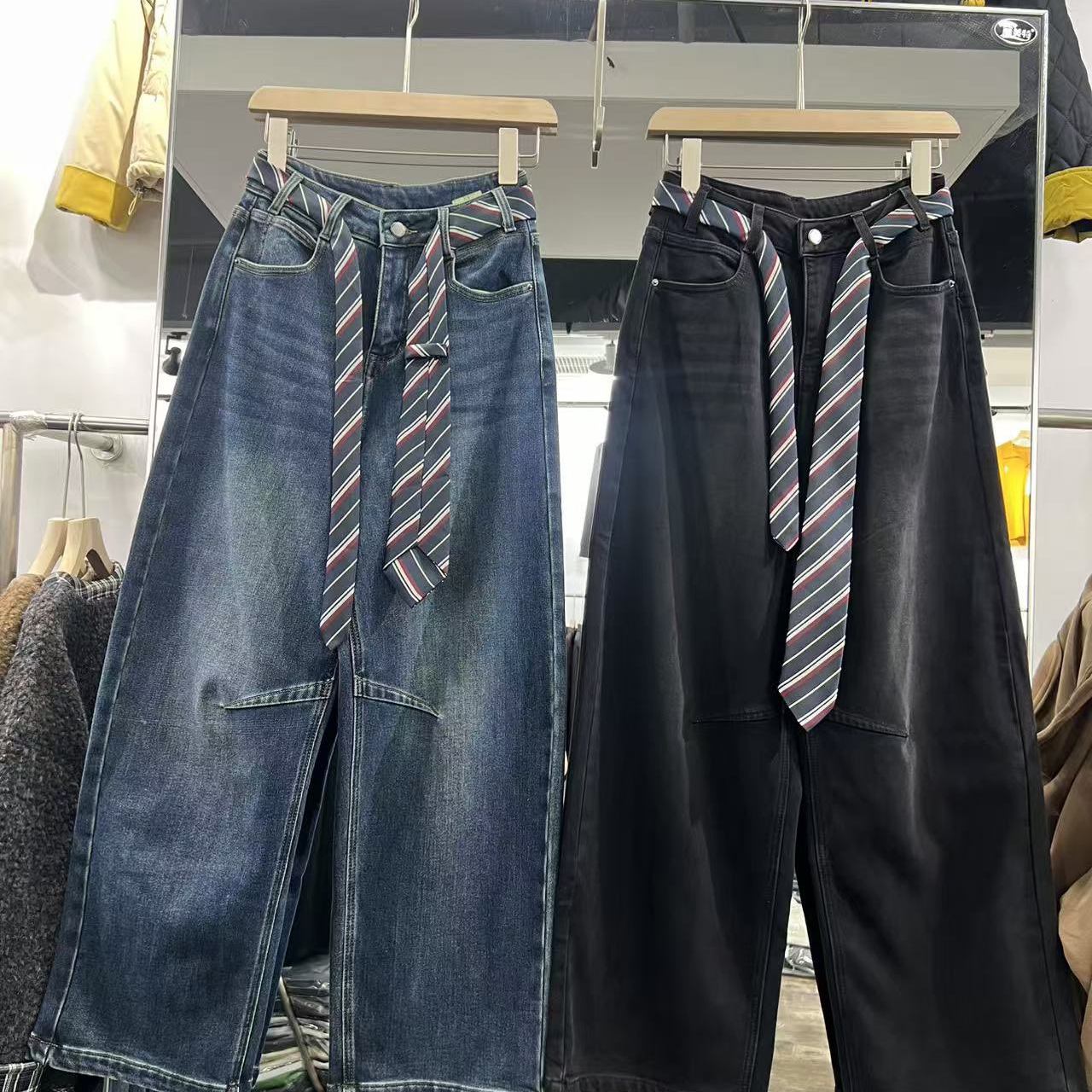 植绒阔腿牛仔裤女冬季新款高腰领带宽松显瘦百搭休闲弯刀裤世0.96