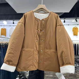 圆领单排扣夹棉外套女秋冬新款宽松显瘦百搭休闲保暖棉衣世0.62