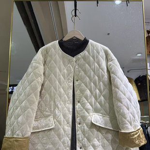 丝绒提花菱格棉衣女秋冬新款 圆领百搭宽松休闲开叉保暖外套慕0.69