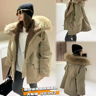 可脱卸毛领派克羽绒服女冬新款抽绳收腰宽松休闲加厚外套雪1.33