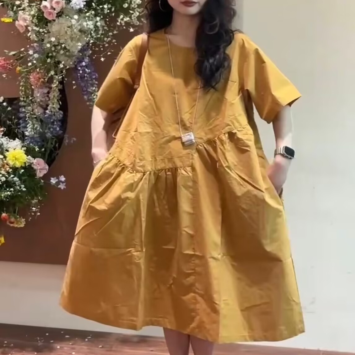 不规则拼接褶皱短袖连衣裙女夏季新圆领百搭宽松休闲中长裙雪0.27