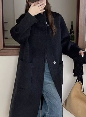 可脱卸针织帽毛呢外套女中长款冬季新款韩版休闲双面呢大衣雪1.59