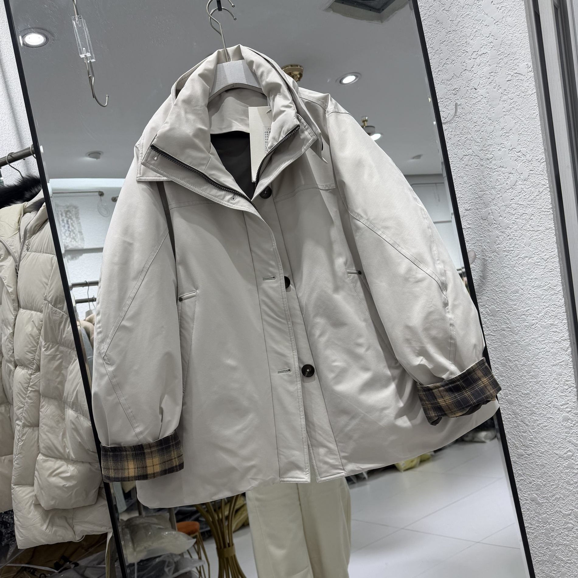 格子袖口派克羽绒服女冬新立领百搭宽松休闲加厚保暖外套红0.94