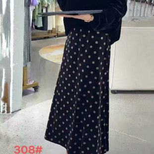 显瘦中长款 高腰修身 A字裙汪0.5 新款 波点丝绒加厚半身裙女冬季