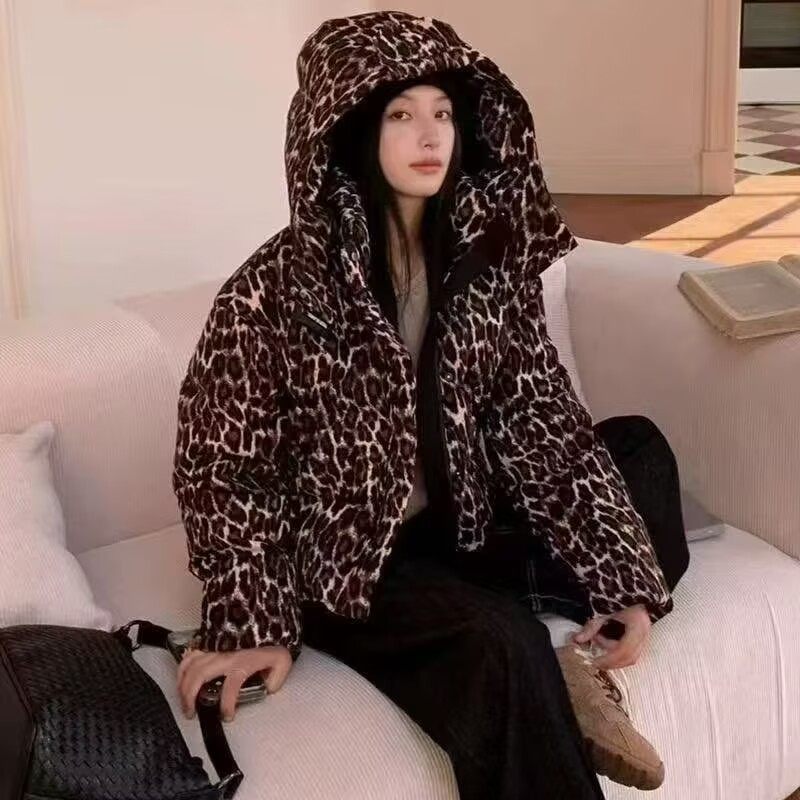 可脱卸帽豹纹羽绒服女冬季新宽松显瘦加厚保暖面包服外套度1.37