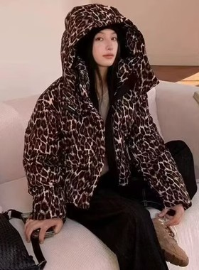 可脱卸帽豹纹羽绒服女冬季新宽松显瘦加厚保暖面包服外套度1.37