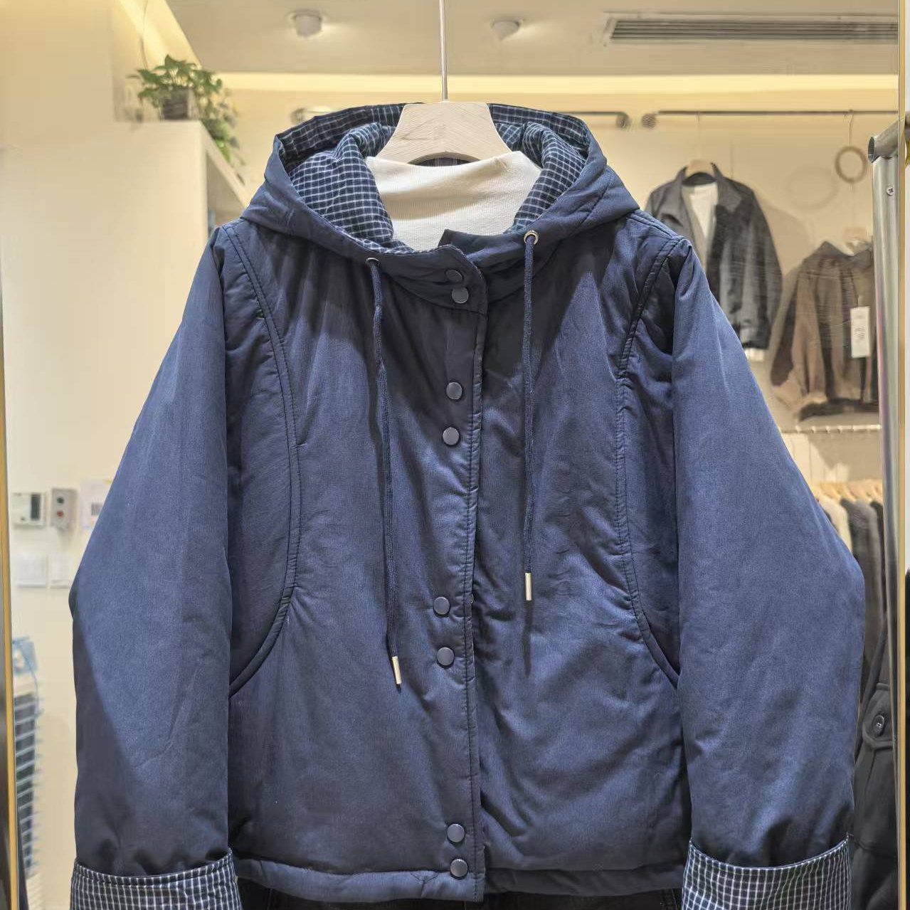 格子拼接连帽棉衣外套