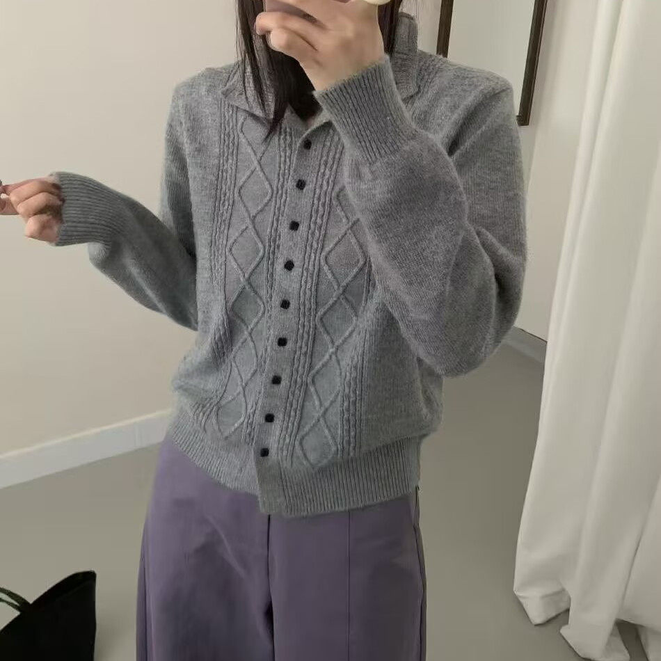 立领单排扣针织衫女冬季新款宽松显瘦百搭休闲毛衣打底衫特0.44