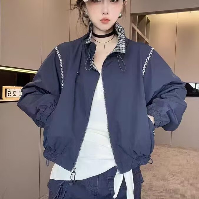 格子拼接立领外套女秋季新款抽绳宽松显瘦百搭休闲夹克上衣雪0.39