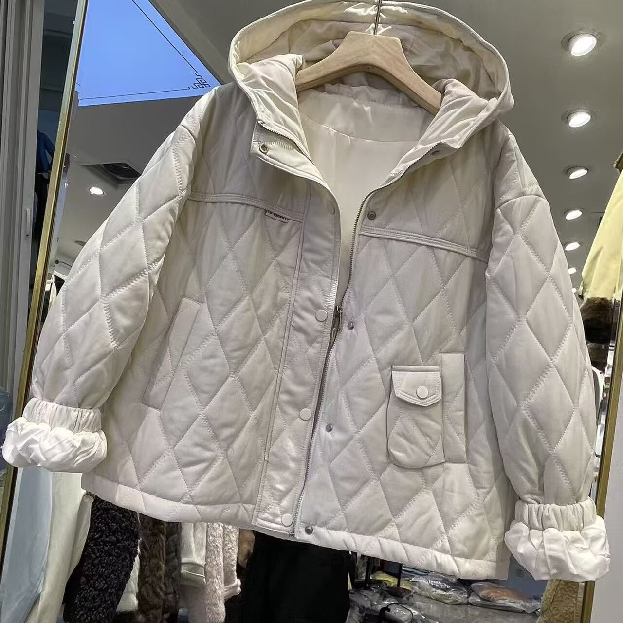 连帽菱格棉衣外套轻薄