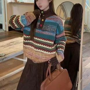 复古条纹拼色高领套头毛衣女冬季 0.52 新款 宽松显瘦百搭休闲针织衫