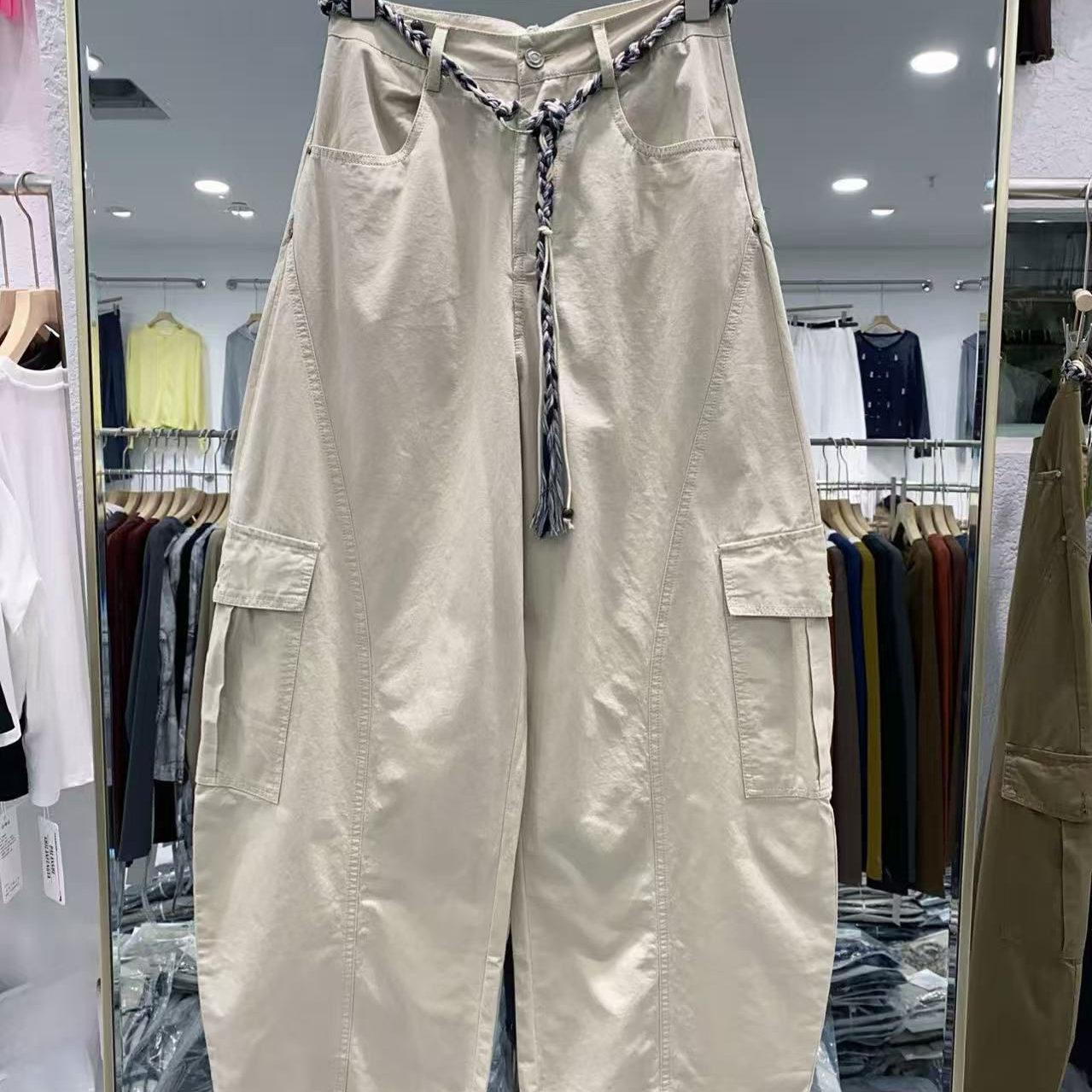 阔腿工装裤女秋季新款高腰系带宽松显瘦百搭休闲弯刀裤焕0.54