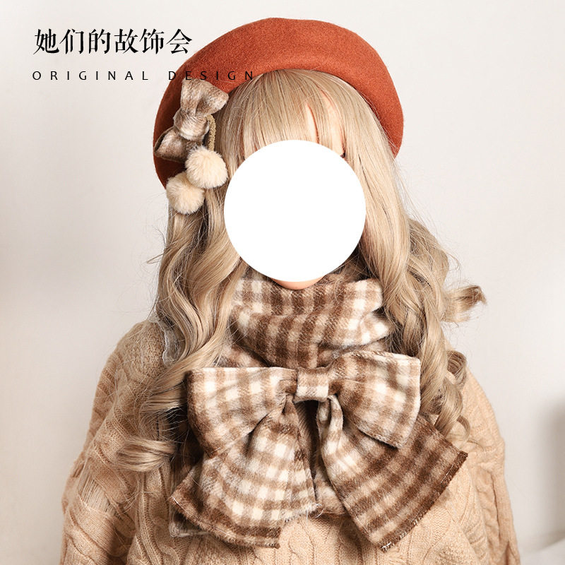 卡其色格子围巾冬季网红款羊毛百搭2022年新款原创蝴蝶结围脖女