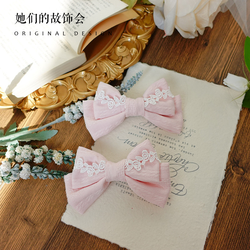 thumbnail for Original handmade Lolita bow hairpin, multi-color textured cotton lace, fish mouth clip, Japanese JK soft girl headdress