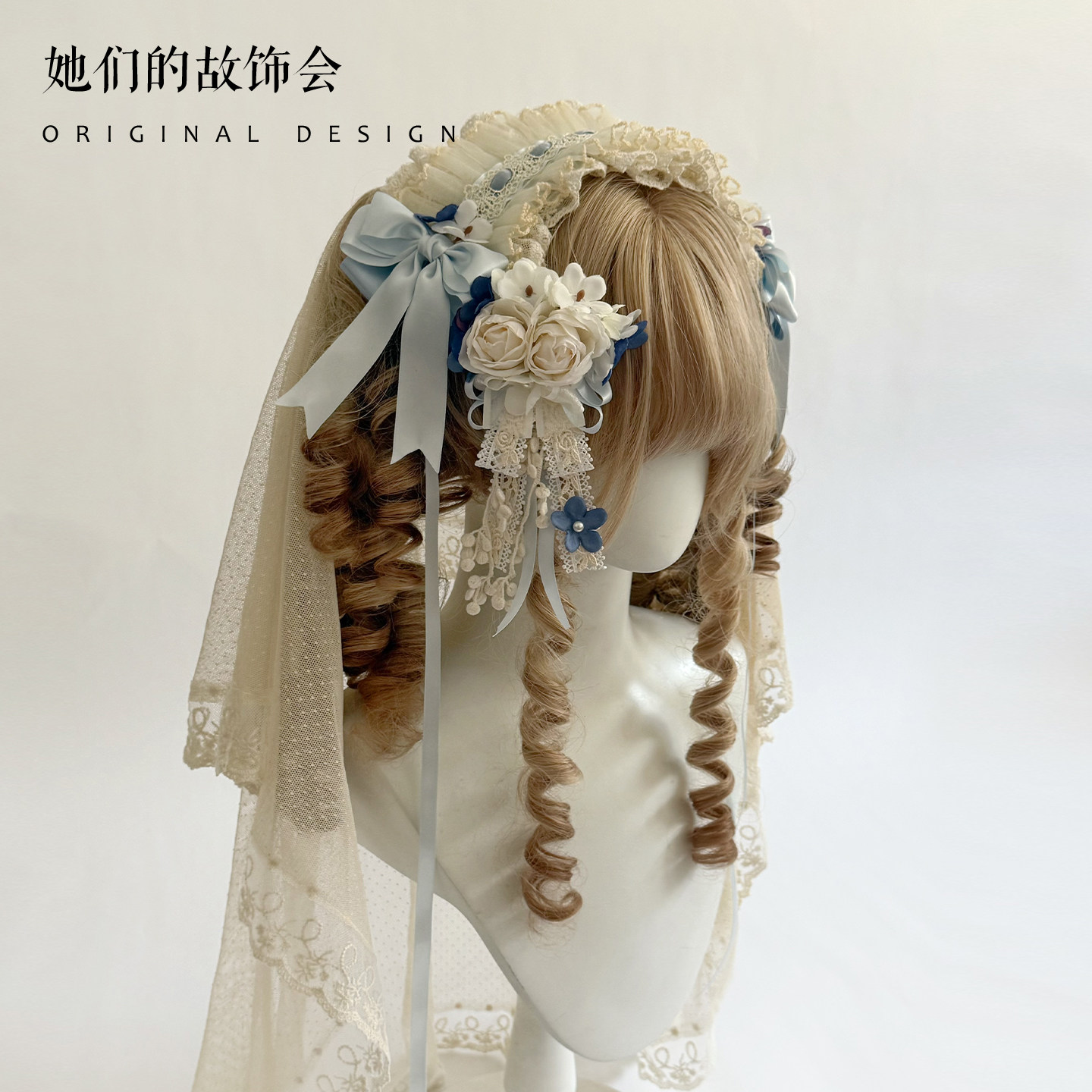 浪漫蔷薇Lolita发饰发夹对夹花丸头纱蝴蝶结蕾丝生成蓝发带扁帽