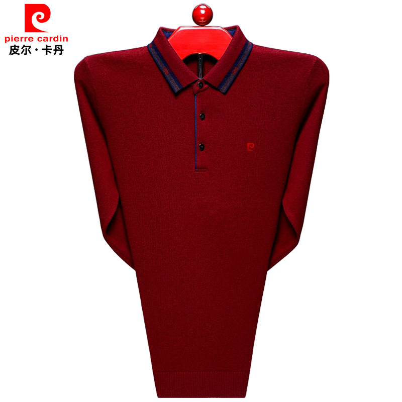 皮尔卡丹羊绒衫男翻领冬季加厚针织衫本命年红色毛衣中老年打底衫