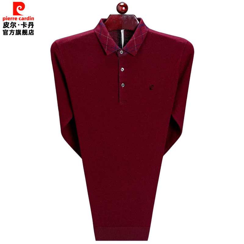 皮尔卡丹羊绒长袖t恤男春秋薄款高端商务休闲中年大码针织polo衫