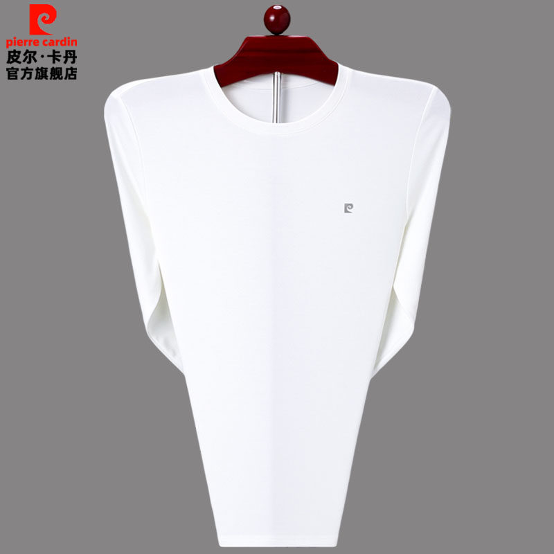 皮尔卡丹高端桑蚕丝长袖t恤男春秋圆领白色打底上衣中年男士体恤