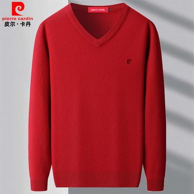 皮尔卡丹男士羊绒衫红色v领毛衣