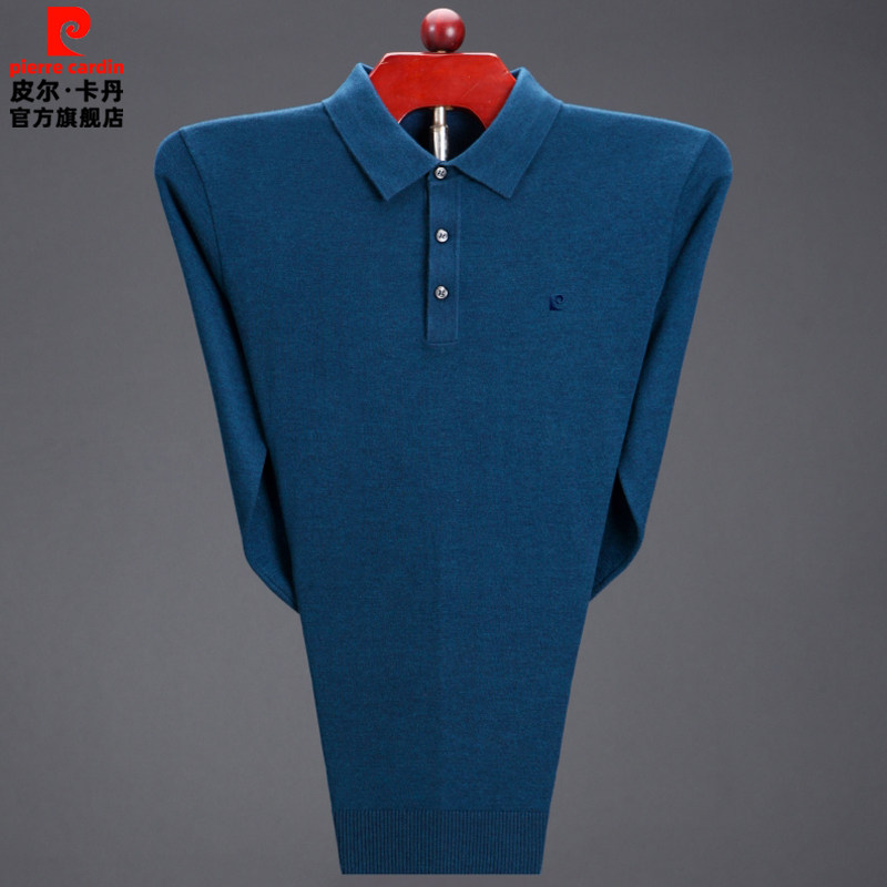 皮尔卡丹中老年长袖t恤男春秋针织翻领polo衫中年男士薄款羊绒衫