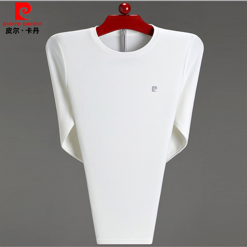 皮尔卡丹白色长袖t恤男圆领纯棉打底衫秋衣中年爸爸装大码体恤男