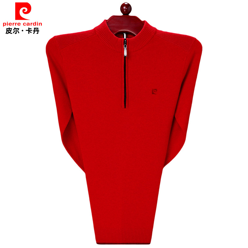 皮尔卡丹男士半高领羊绒衫红色本命年羊毛衫老年人立领半拉链毛衣