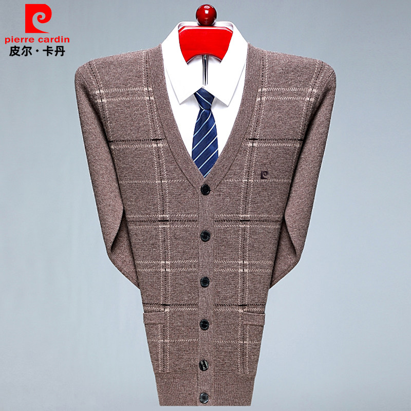 皮尔卡丹羊绒针织开衫外套男春秋款v领毛衣宽松中老年男士针织衫