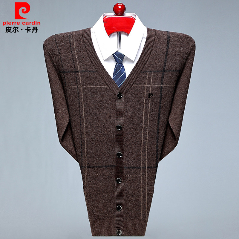 皮尔卡丹羊绒开衫男针织衫春秋条纹v领毛衣外套中老年品牌针织衫