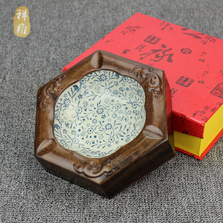 黑檀木创意新中式烟灰缸实木复古青花瓷烟缸高档红木雕工艺品礼品