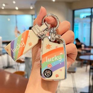 适用大众速腾钥匙套彩虹卡通图案迈腾汽车宝来 全包TPU保护壳包扣