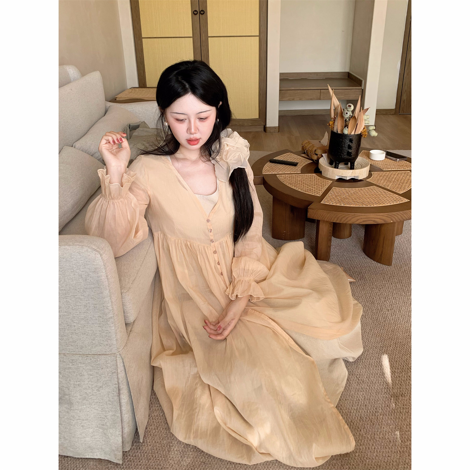 城南边儿6.7【盛夏物语系列】苎麻棉灯笼袖罩衫系扣开衫连衣裙