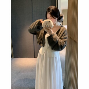 【现货】10.20克制老花灰水貂毛短款慵懒外套一粒扣加厚毛衣